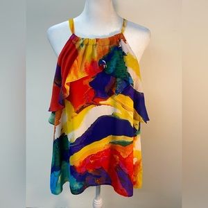 New York & Company Rainbow Sleeveless Blouse Top Watercolor Halter Size Large